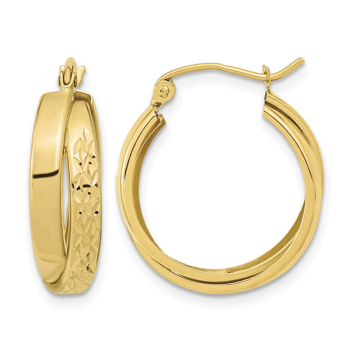 A pair of gold hoop earrings with a textured diamond-cut finish on one side and smooth polished surface on the other, shown from front and side views.