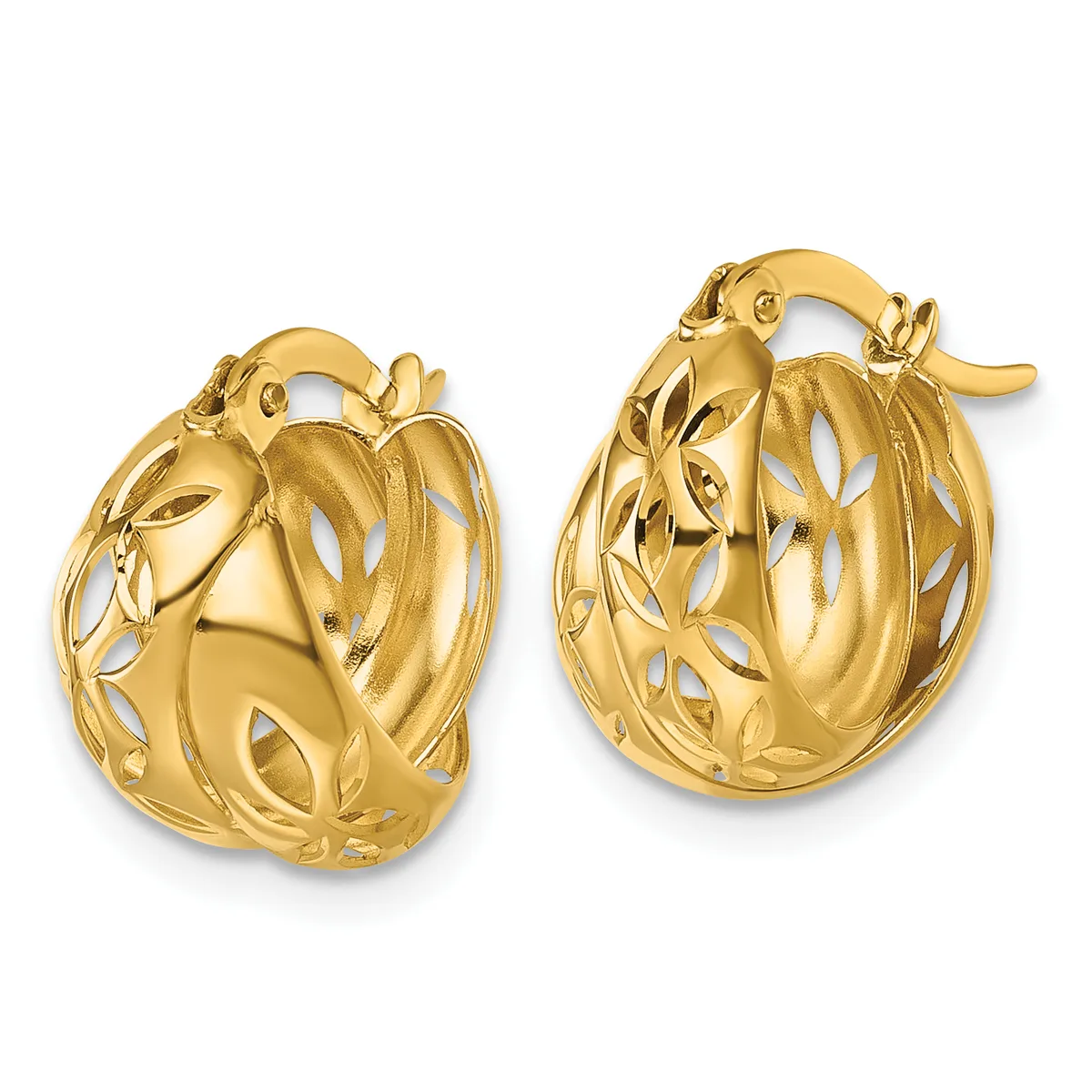 A pair of gold hoop earrings with openwork leaf and vine designs, shown from the front and back.
