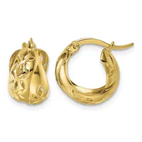 A pair of gold hoop earrings with textured leaf and vine patterns, shown from front and back views.