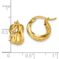 A pair of gold hoop earrings with textured surface and leaf-like detailing, shown next to a ruler measuring approximately 0.75 inches in length.