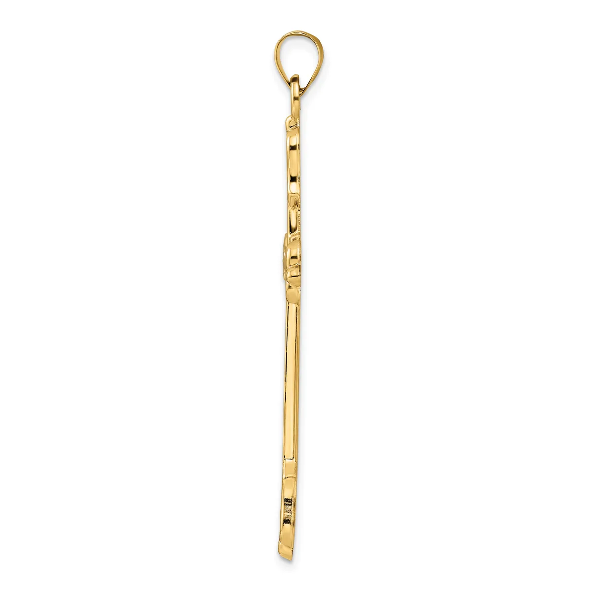 A long gold-toned chain pendant with a loop at the top and rectangular link segments throughout its length.