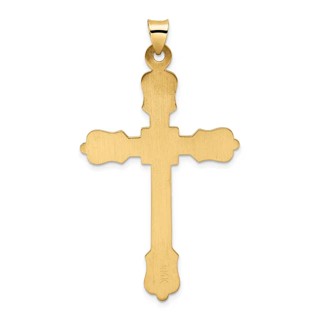 Gold cross pendant with decorative flared ends and a small hallmark at the bottom, shown hanging from a bail against a white background.