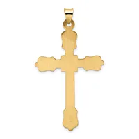 Gold cross pendant with decorative flared ends and a small hallmark at the bottom, shown hanging from a bail against a white background.