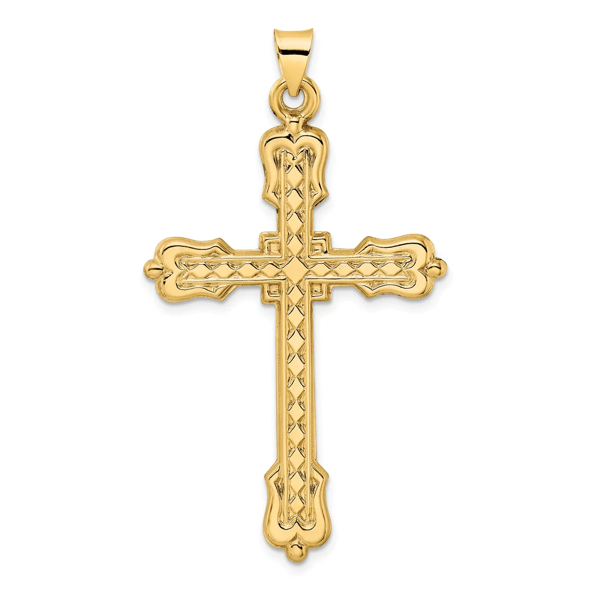 Gold cross pendant with decorative quilted pattern throughout, featuring rounded ends and a small loop at the top for hanging.