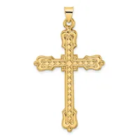 Gold cross pendant with decorative quilted pattern throughout, featuring rounded ends and a small loop at the top for hanging.