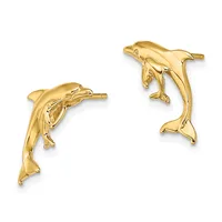 Two gold dolphin earrings with posts, shown against a white background.