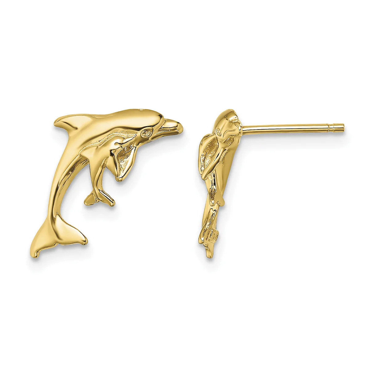 A pair of gold dolphin stud earrings shown from front and side views, featuring detailed carved fins and smooth polished surfaces.