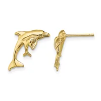 A pair of gold dolphin stud earrings shown from front and side views, featuring detailed carved fins and smooth polished surfaces.