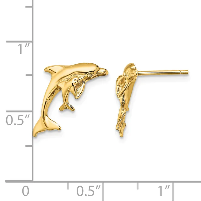 Gold dolphin stud earrings shown next to a ruler measuring approximately 0.75 inches in length.