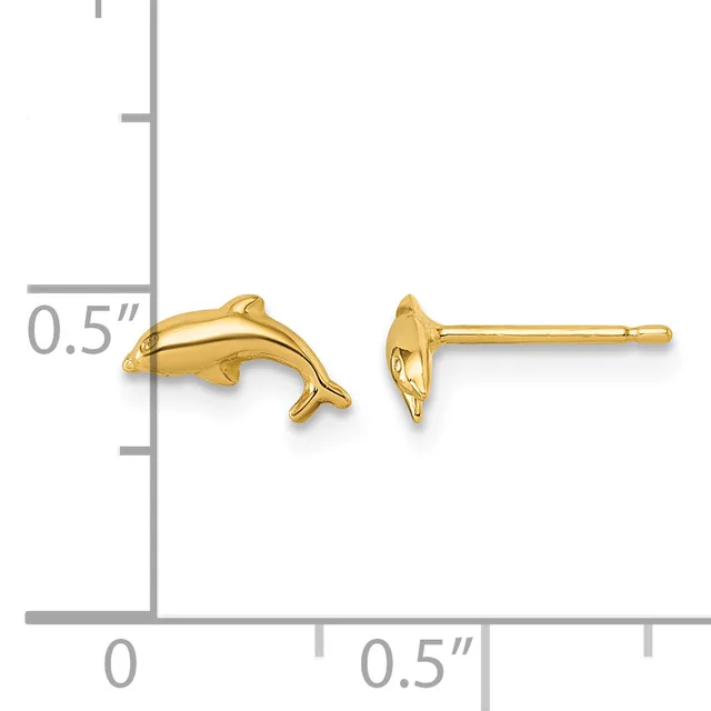 Gold dolphin stud earrings shown next to a ruler measuring approximately 0.5 inches in length.