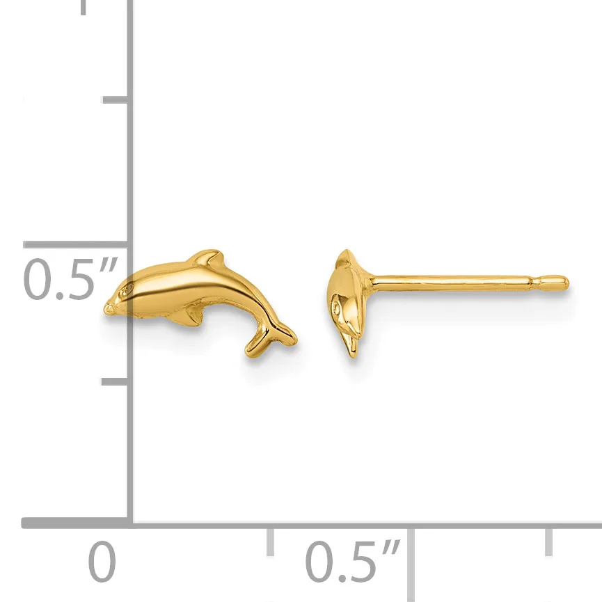 Gold dolphin stud earrings shown next to a ruler measuring approximately 0.5 inches in length.