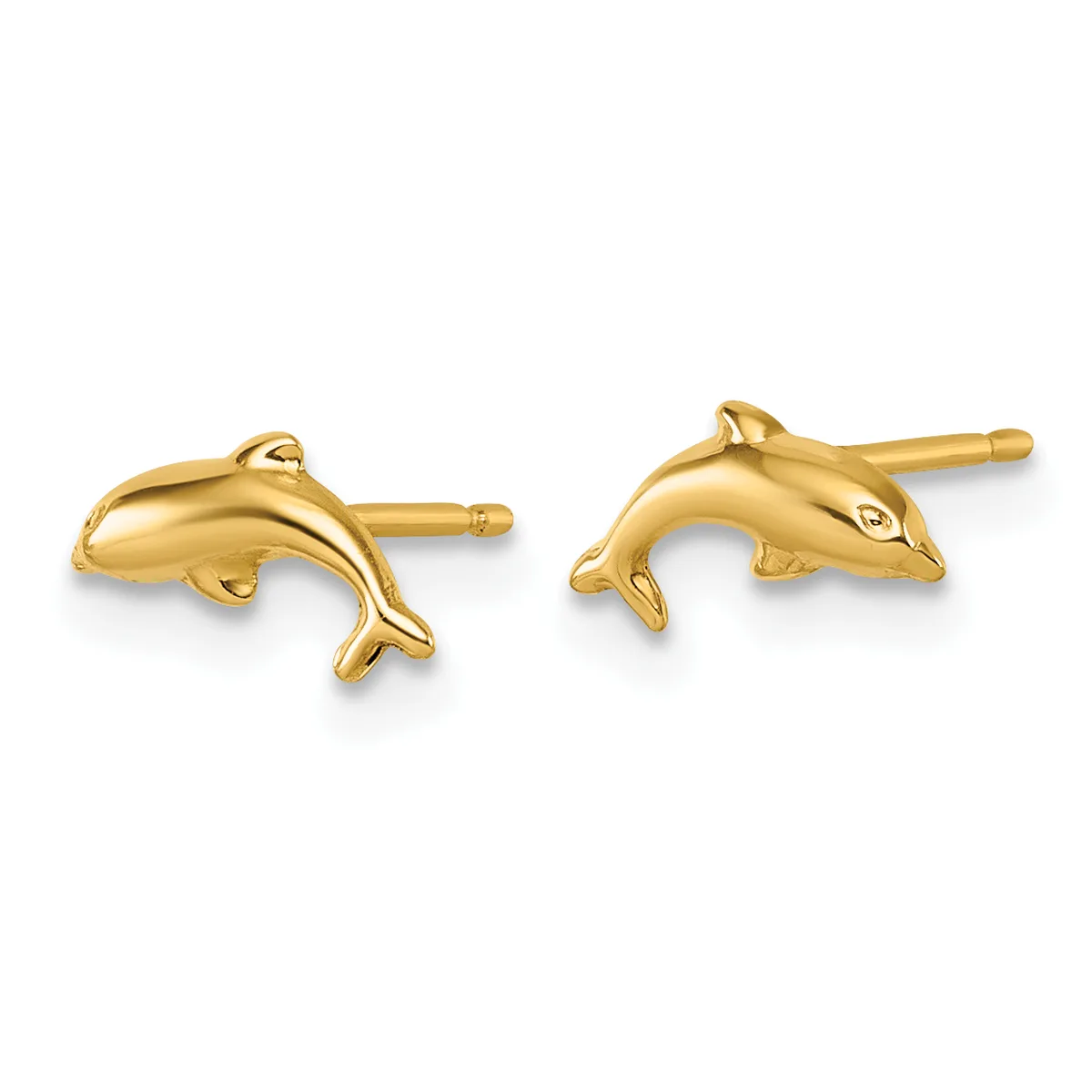 A pair of gold dolphin stud earrings shown from the front and side, with post and clutch backs.
