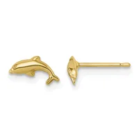 A pair of gold dolphin stud earrings shown from front and side views, featuring polished yellow gold with small diamond accents and post backs.