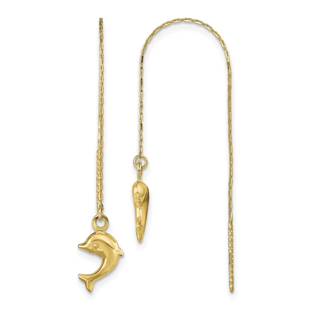Two gold threader earrings with a dolphin charm on one and a pointed cone charm on the other, displayed against a white background.