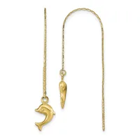 Two gold threader earrings with a dolphin charm on one and a pointed cone charm on the other, displayed against a white background.