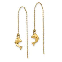 Gold dolphin threader earrings with delicate chain strands passing through the ear, displayed as a pair against a white background.