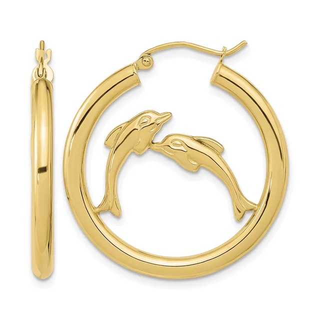 Gold hoop earrings featuring two dolphins leaping through the center ring, shown as a pair with one plain polished hoop displayed separately on the left.