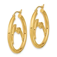 Pair of polished gold-colored hoop earrings with decorative inner hoops, shown from the front against a white background.