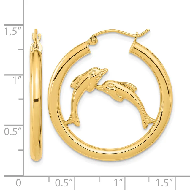 Gold-colored hoop earrings with dolphin charms inside, displayed against a measurement scale showing approximately 1.5 inches in height.