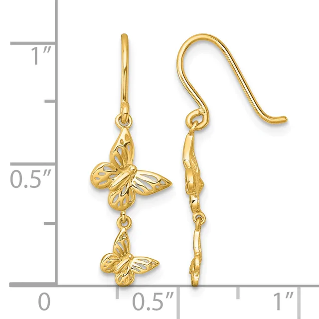 Gold butterfly dangle earrings with French wire hooks, shown against a measurement scale indicating approximately one inch in length.