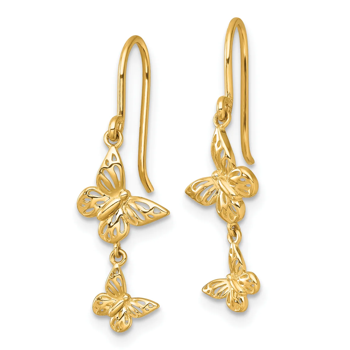 Pair of gold-toned dangle earrings with filigree butterfly charms connected by delicate chains, displayed against a white background.