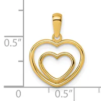 A gold double heart pendant with a polished finish shown against a measurement scale indicating approximately half an inch in width.