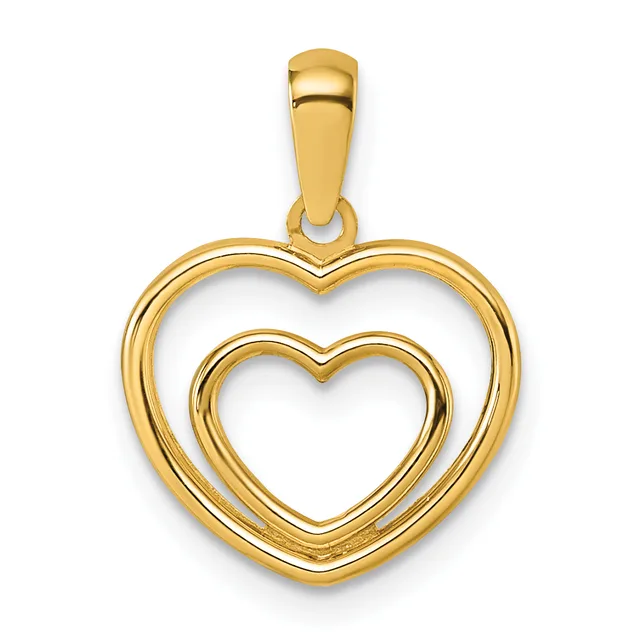 A gold double heart pendant with a polished finish and attached bail, shown hanging against a white background.