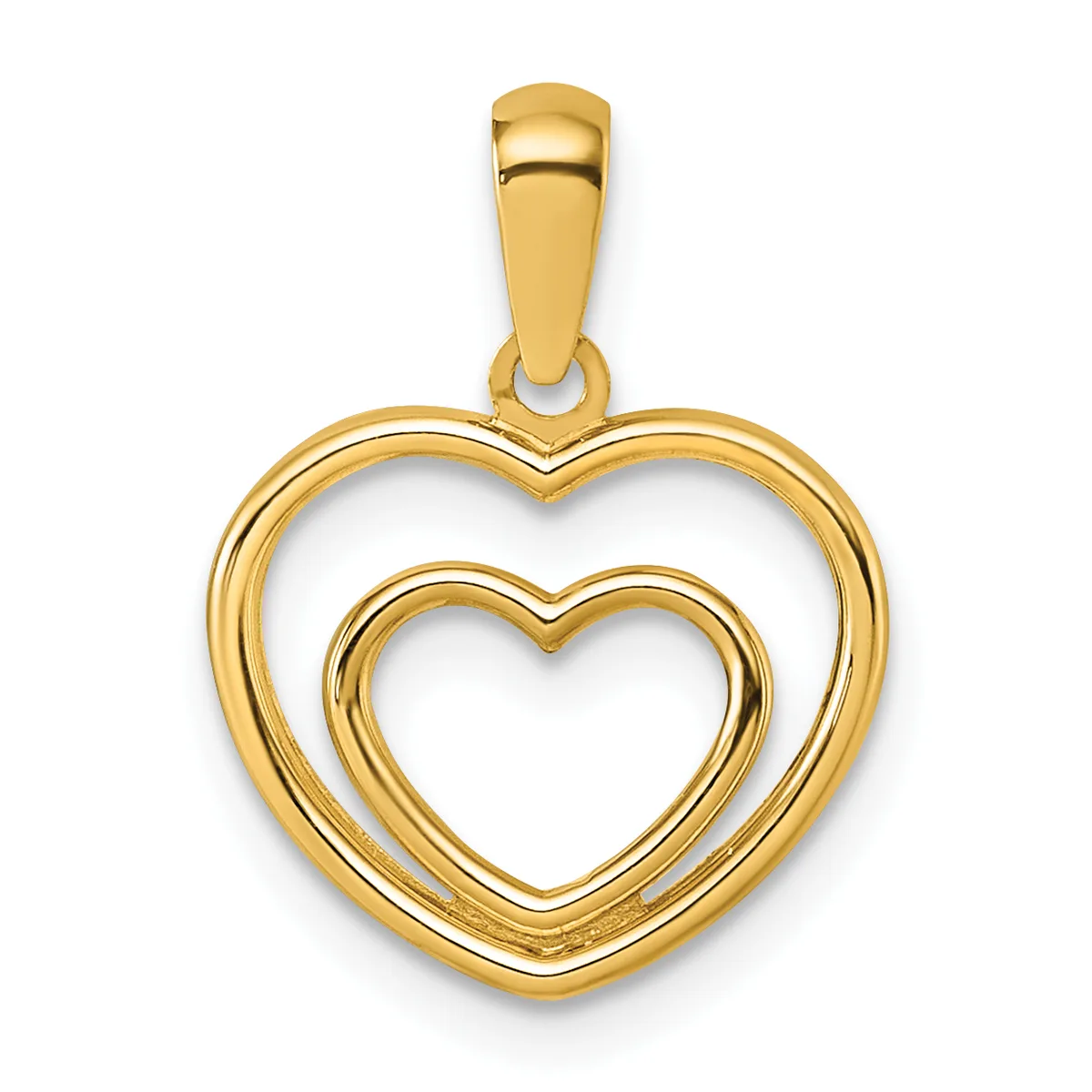 A gold double heart pendant with a polished finish and attached bail, shown hanging against a white background.