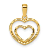 A gold double heart pendant with a polished finish and attached bail, shown hanging against a white background.