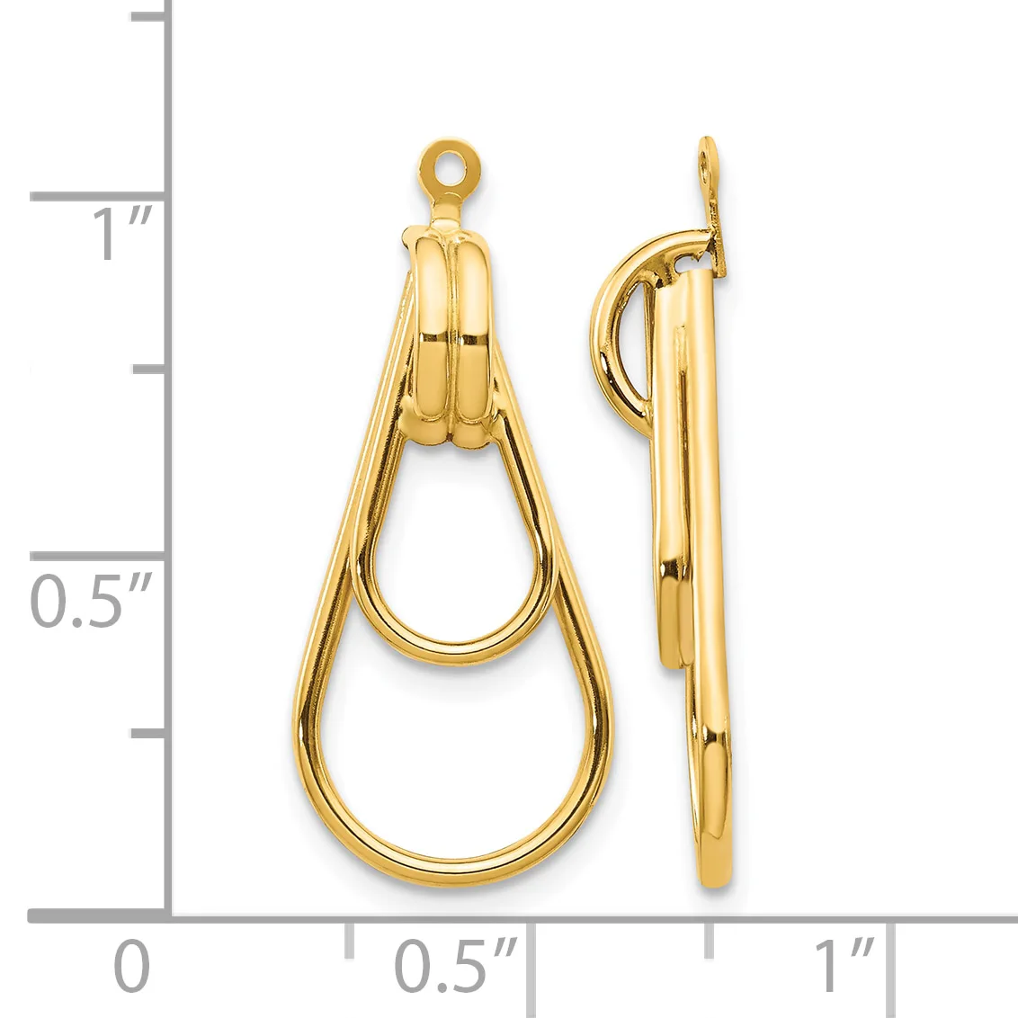 Two gold-colored teardrop-shaped hoop earrings with a polished finish, shown front and side view next to a measurement scale.