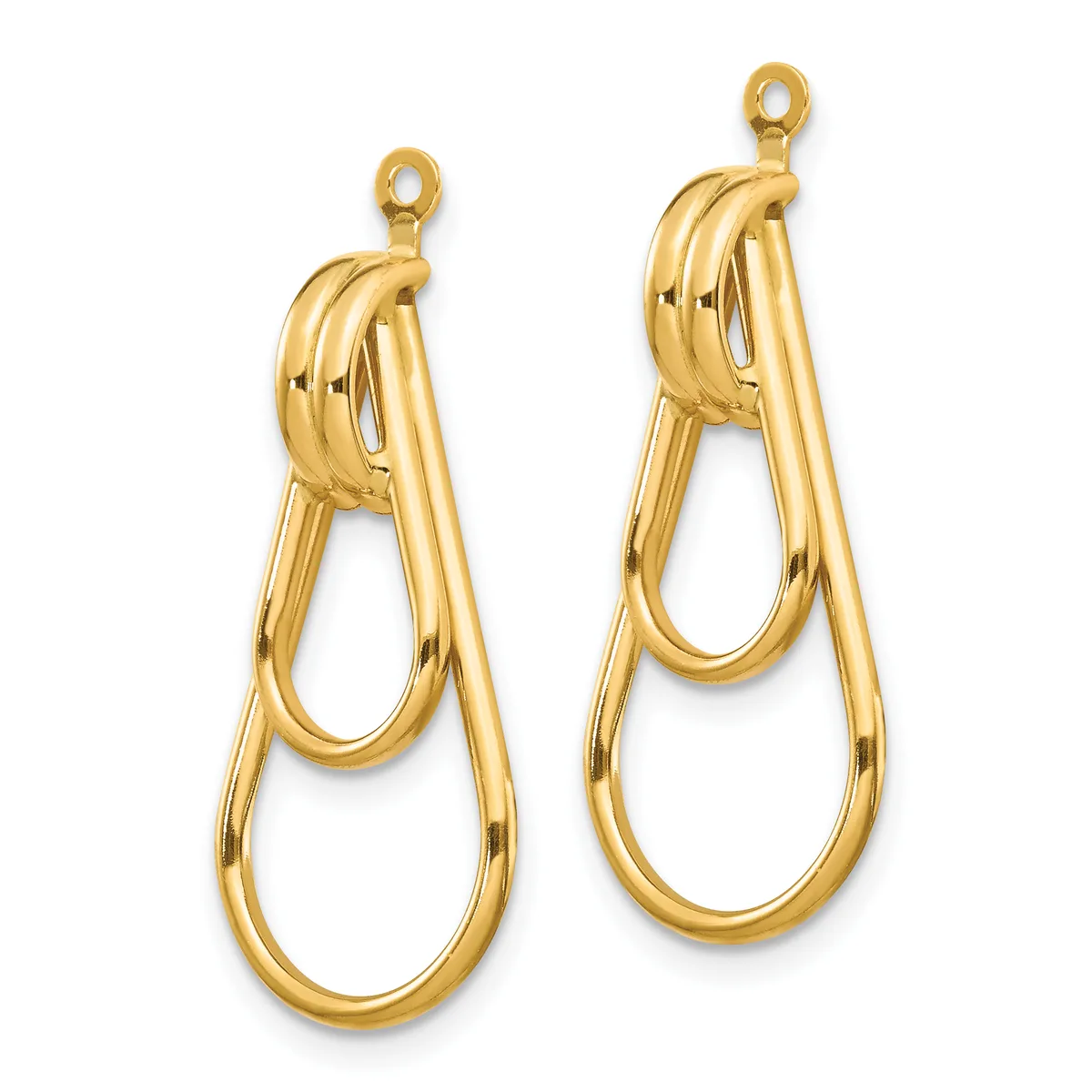 A pair of gold-toned double teardrop earrings with small loops at the top for hanging, shown against a white background.