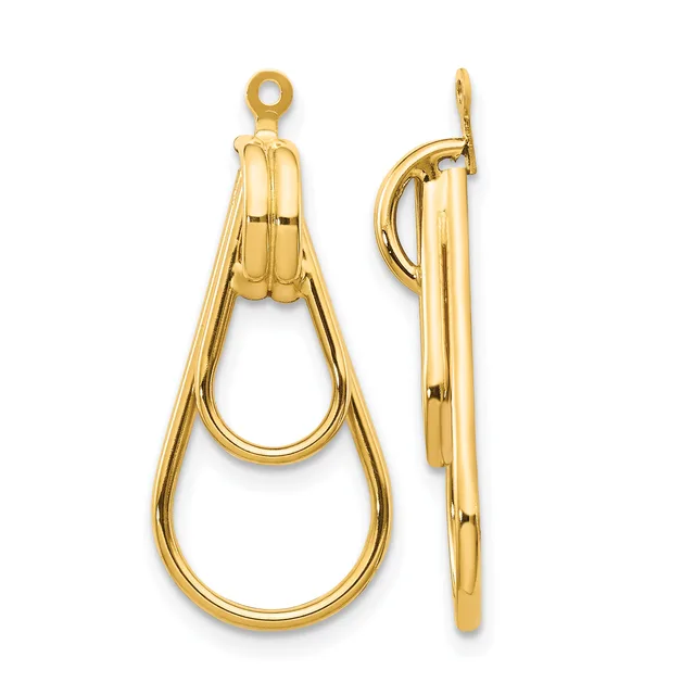 A pair of gold teardrop-shaped earrings with double loops, shown from front and side views.