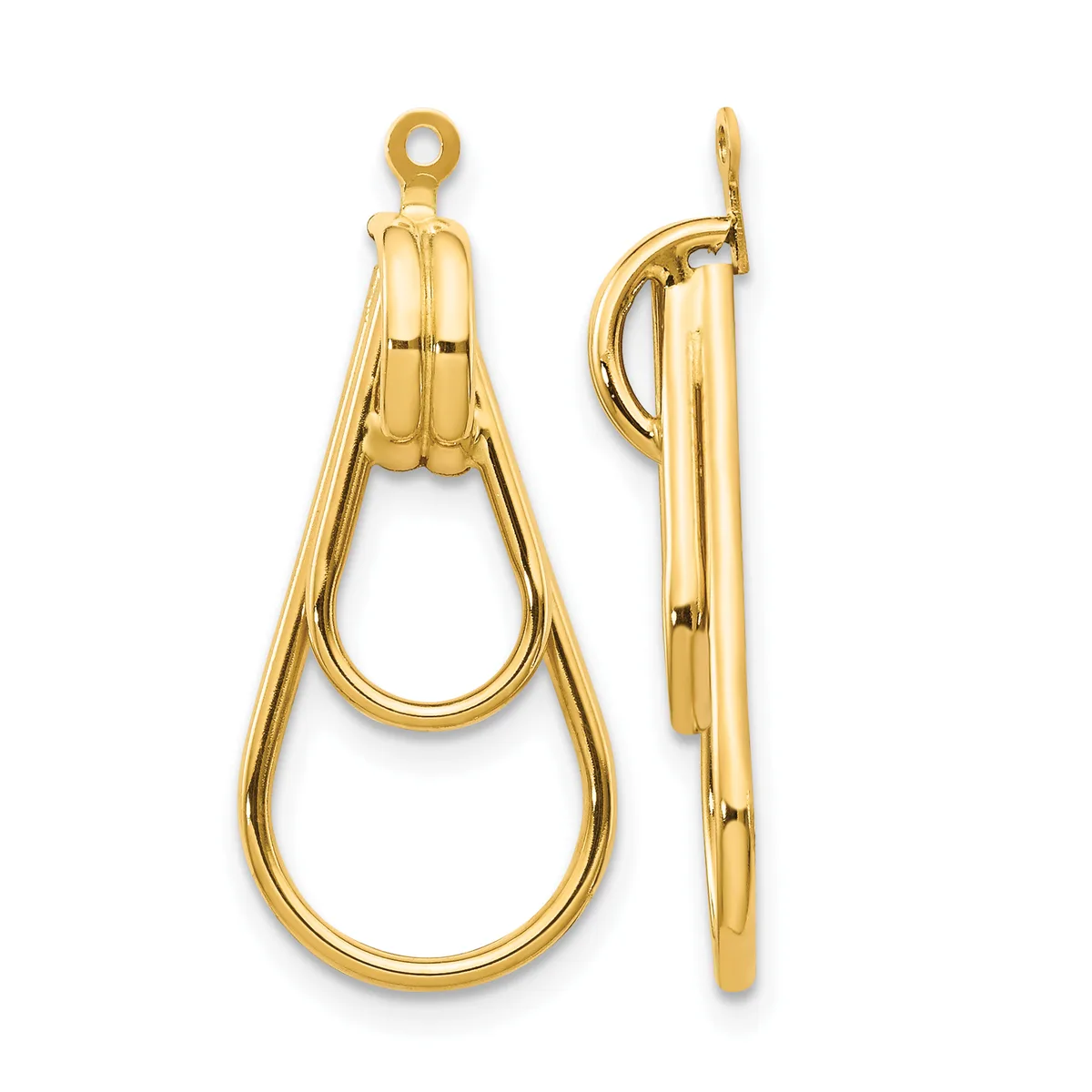 A pair of gold teardrop-shaped earrings with double loops, shown from front and side views.