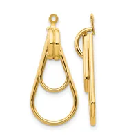 A pair of gold teardrop-shaped earrings with double loops, shown from front and side views.