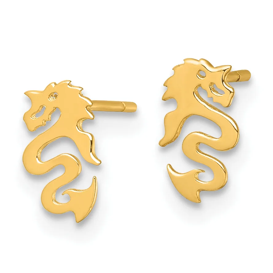 A pair of gold seahorse-shaped stud earrings with posts, shown from the front and back views against a white background.
