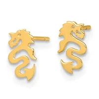 A pair of gold seahorse-shaped stud earrings with posts, shown from the front and back views against a white background.