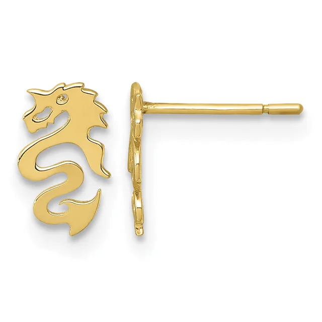 Pair of gold stud earrings shaped like stylized lions shown from front and side views.