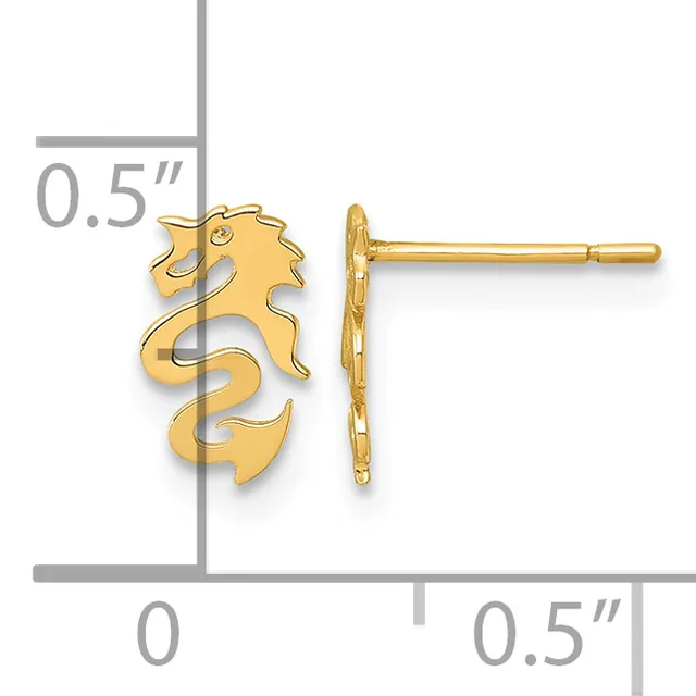 A pair of gold seahorse-shaped stud earrings displayed front and back view with a measurement scale showing 0.5 inches in height.
