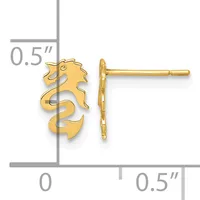 A pair of gold seahorse-shaped stud earrings displayed front and back view with a measurement scale showing 0.5 inches in height.