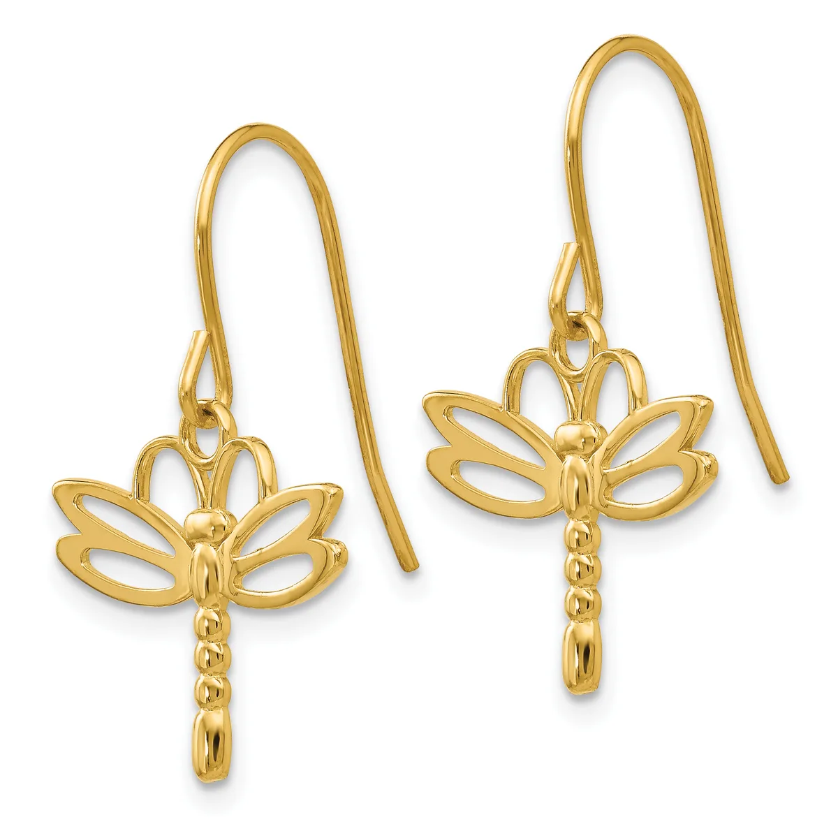 Pair of gold dragonfly dangle earrings with openwork wings and textured bodies, suspended from curved ear wires.