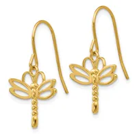Pair of gold dragonfly dangle earrings with openwork wings and textured bodies, suspended from curved ear wires.