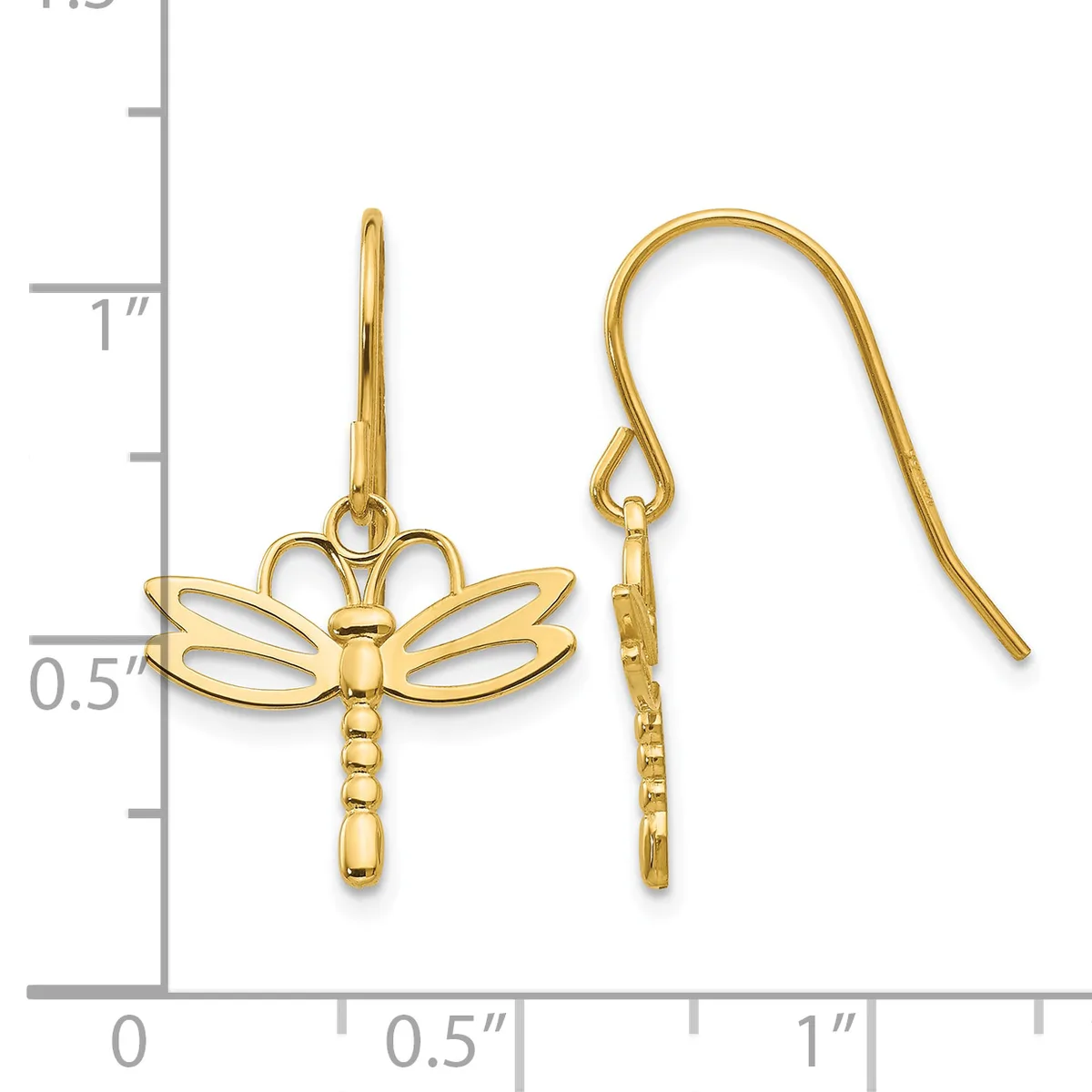 Gold dragonfly earrings with French wire hooks displayed next to a ruler showing approximately one inch in length.