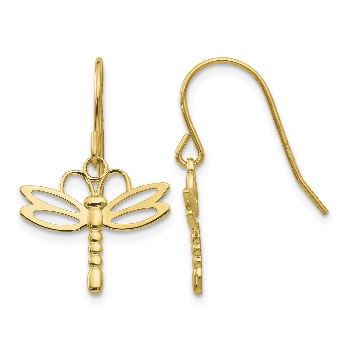A pair of gold dragonfly earrings with hollow wing details, shown from front and back views with fish hook ear wires.