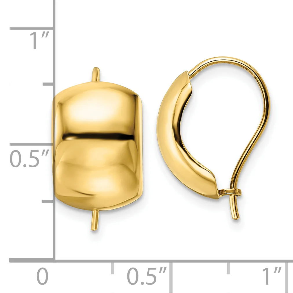 Two polished gold-toned chunky hoop earrings with lever backs, shown front and side view next to a ruler measuring approximately one inch in length.