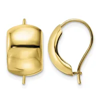 A pair of polished gold huggie earrings shown from front and side views, featuring curved chunky designs with small posts and hinged closures.