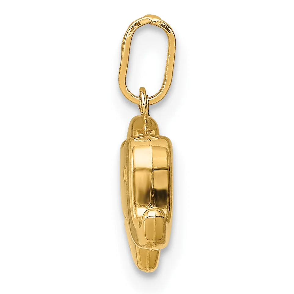 A gold-toned metal car charm pendant hanging from an oval link, shown against a white background.