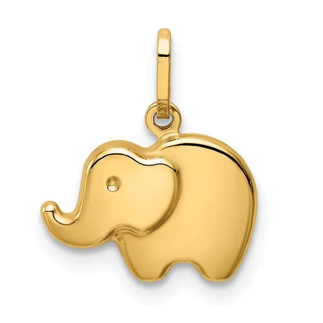 A polished gold elephant pendant with a small eye detail, suspended from a hinged bail loop.