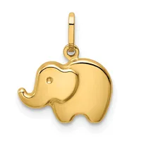 A polished gold elephant pendant with a small eye detail, suspended from a hinged bail loop.