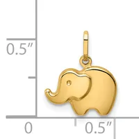 Gold elephant charm with a jump ring, shown next to a ruler indicating approximately half an inch in height and width.