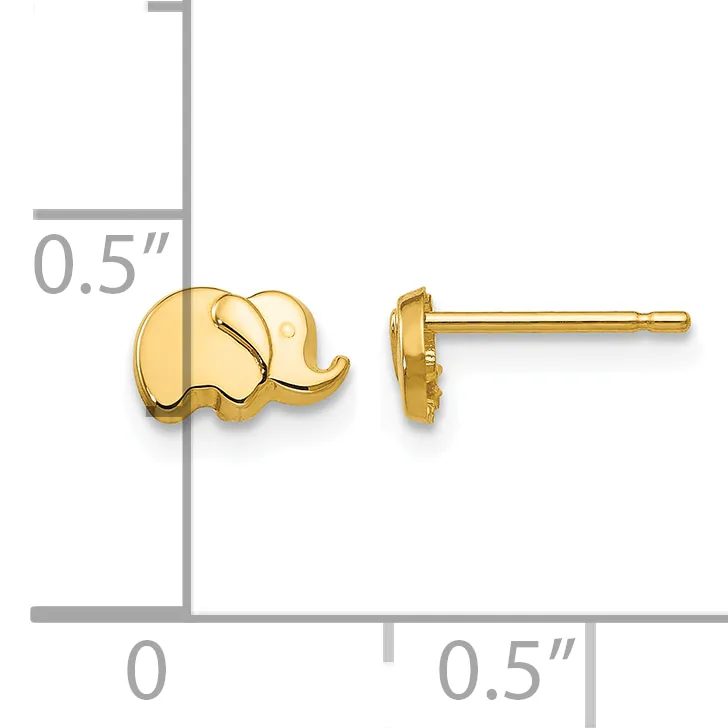 A pair of small gold elephant stud earrings shown front and side view with a measurement scale indicating approximately 0.5 inches in width.